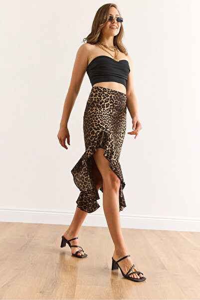 Olalook Women's Brown Leopard Asymmetrical Ruffle Detailed Micro Skirt Etk-19000329