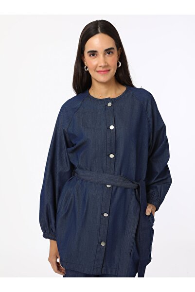 Refka Düğme Detaylı Denim Pantolon & Tunik İkili Takım - Mavi - Refka