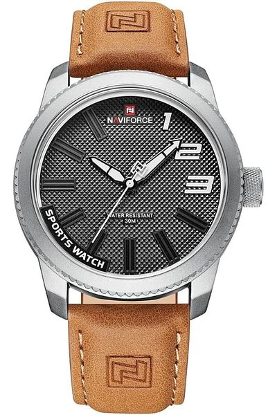 Naviforce Wrist Watch For Men For Dream With Black Dial Leather Belt with Light Brown Color