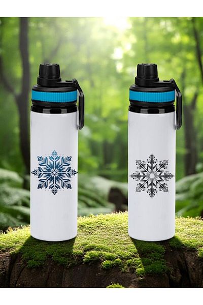 lili hediyelik Snowflake Printed Set of 2 Blue Handled Water Bottles 850 ml