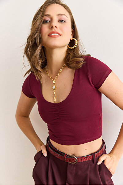 Olalook Women's Burgundy Crop Front Gathered Lycra Cotton T-Shirt Tsh-19000919