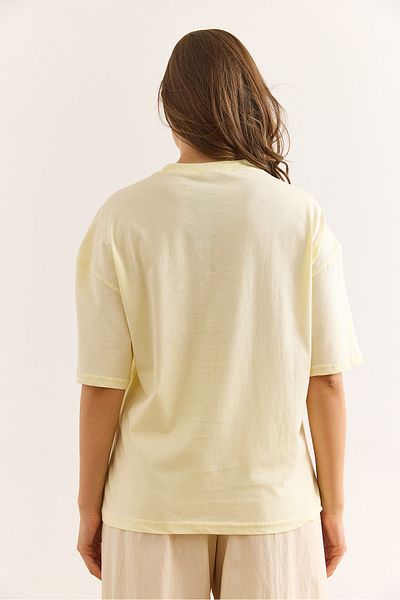 Olalook Women's Light Yellow Shoulder Gold Button Cotton T-Shirt Tsh-19000763
