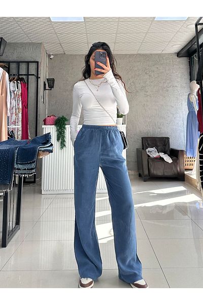 VibeGaia Navy Blue Loose Woven Trousers
