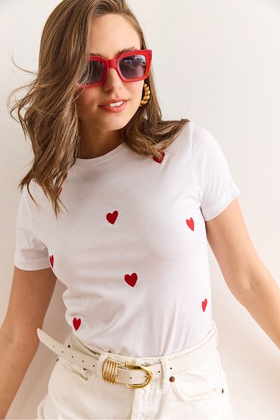 Olalook Tricou de damă din bumbac lycra crop cu broderie inimă albă TSH-19000918