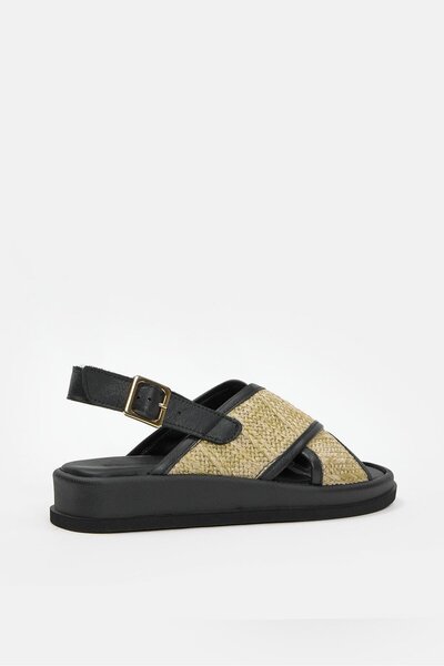 NILUFARR Honey Black Genuine Leather Straw Strap Women's Sandals