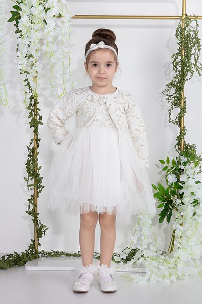 MİNİMONY Girls Floral Jacquard Bolero Eid Evening Dress Set of 2 Ecru 2007