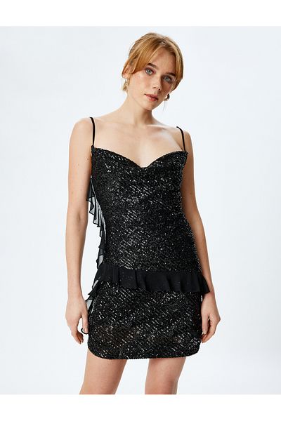 Koton Sequined strappy boat neck tulle detail mini dress.