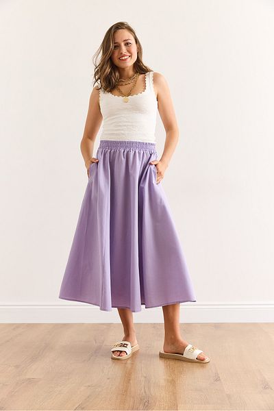 Olalook Women's Lilac Pocketed Elastic Waist Midi Woven Bell Skirt Etk-19000271