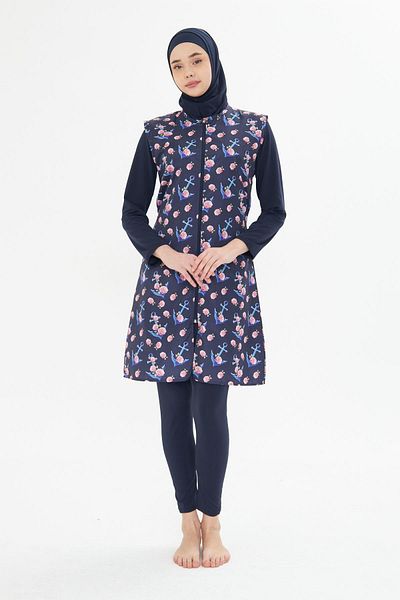 Fantasy Full Covered Vest Patterned Parachute Fabric Hijab Swimsuit Navy Blue 3474-L