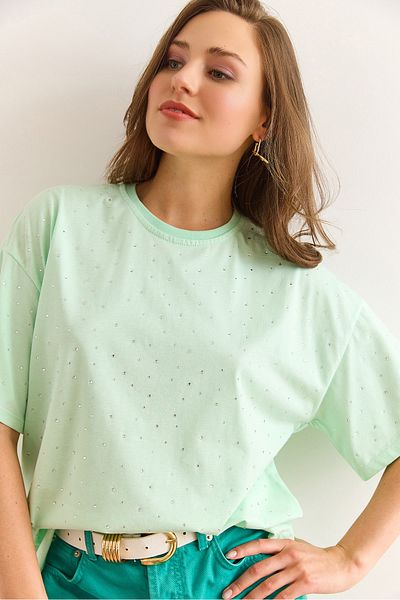 Olalook Tricou de damă cu imprimeu verde mentă, cu detalii în piatră, cu croiala normală TSH-19000831