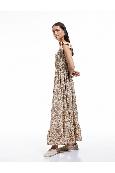 Koton Butterfly sleeve, patterned, V neck, layered maxi dress.