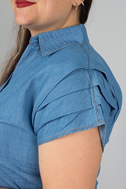 Truva XXL Plus Size Shirt Collar Slim Blue Denim Dress |   Knee Length Summer Denim Dress Size 44-52