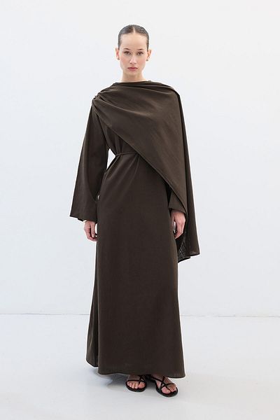Hooopstore Λινό φόρεμα Lyocell Ash Brown με λεπτομέρεια κάπας