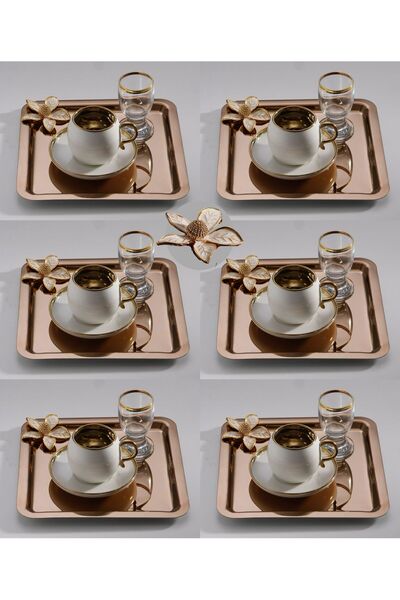 SİNİ Papatyalı Paslanmaz Çelik 6 Adet Kare Lüx Rose Kahve, Çay Sunum Servis T...