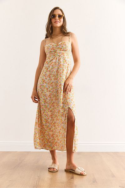 Olalook Women's Yellow Orange Strap Adjustable Front Gathered Woven Viscose Dress Elb-19002438
