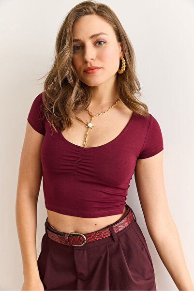 Olalook Women's Burgundy Crop Front Gathered Lycra Cotton T-Shirt Tsh-19000919