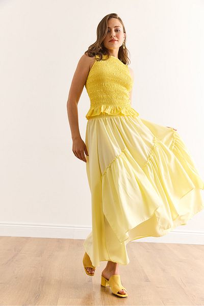 Olalook Women's Yellow Elastic Waist Piece Skirt Etk-19000331