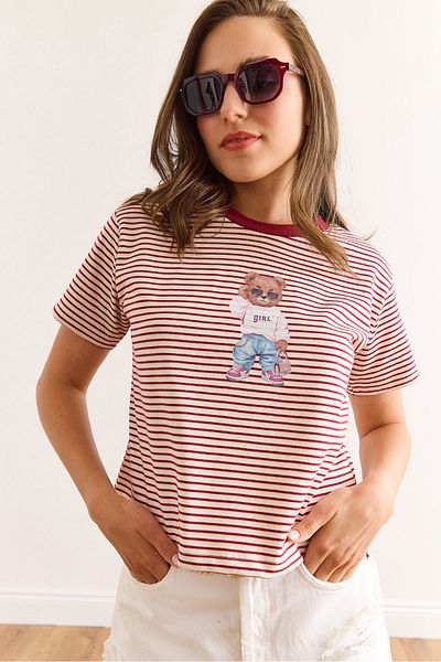 Olalook Tricou de damă din bumbac cu dungi burgundy cu ursuleț de pluș TSH-19000924