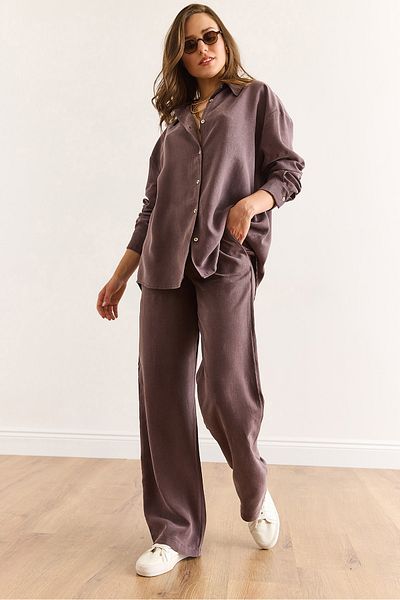 Olalook Women's Brown Top Shirt Bottom Pocket Palazzo Soft Suit Tkm-19000397