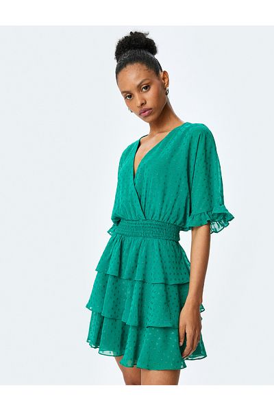 Koton Tiered voluminous v neck polka dot gipped mini dress.