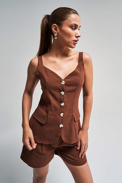 its basic Women's Brown S5-16 Maxi Size Strap Front Buttoned Linen Fabric Vest