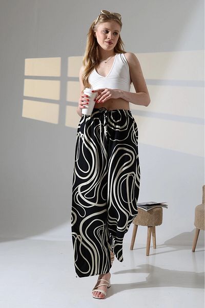 hazelin Women's Black Patterned Elastic Waist Pocketless Loose Cut Viscose Trousers Hzl25S-Dsb17771