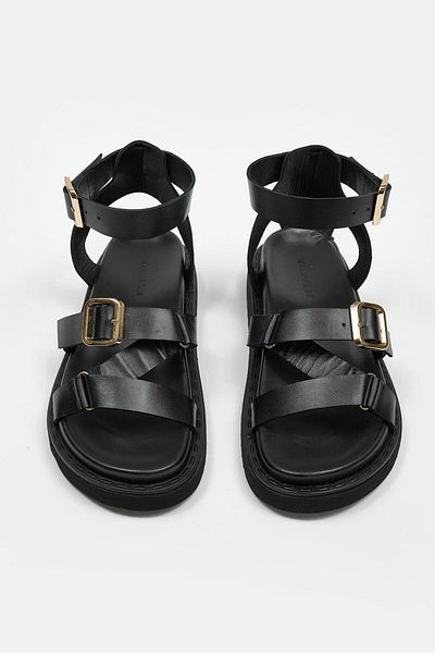 NILUFARR Helsa Black Genuine Leather Women's Sandals