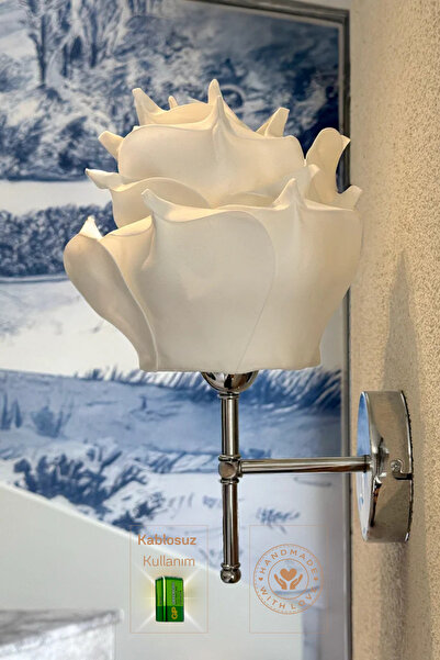 Maison Avf Beyaz Eva Gül Tasarım Kablosuz Pilli Aplik - Alt Gümüş (Tüm Boy 35...