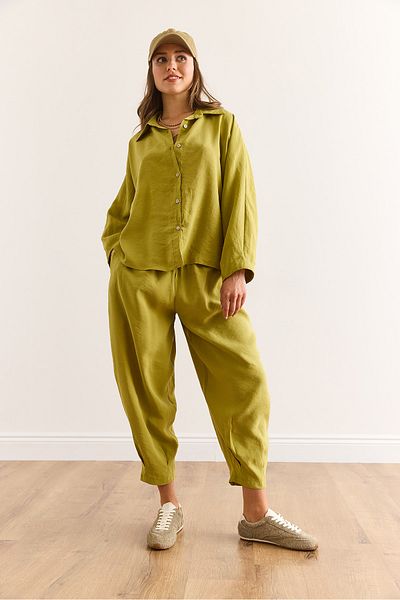Olalook Women's Oil Green Top Shirt Bottom Baggy Trousers Modal Suit Tkm-19000399