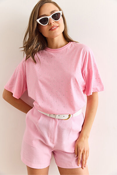 Olalook Γυναικείο μπλουζάκι με ροζ στάμπα με λεπτομέρεια κανονική εφαρμογή TSH-19000831