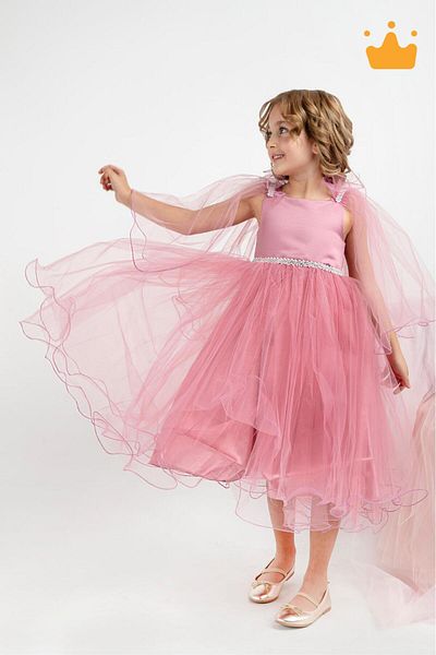 MİNİMONY 5-9 Years Girl's Full-Length Dress - Cape Sleeve Detail, Festive Graduation Prom Evening Dress with Bride