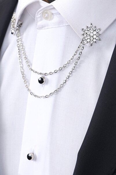 Esgue Gümüş Renk Beyaz Taşlı Zinciri Gömlek Yaka Broşu