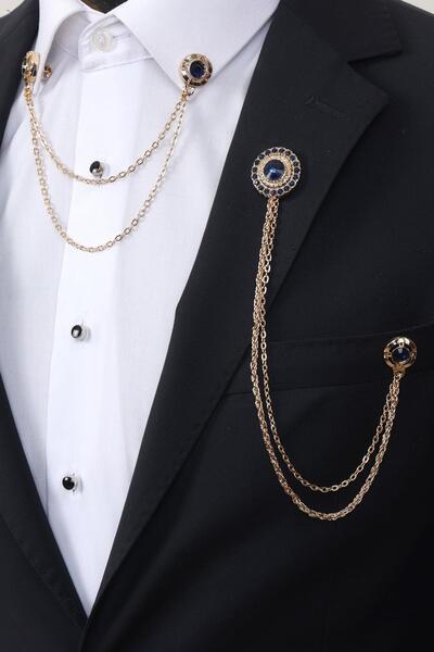 Esgue Gold Renk Lacivert Taşlı Ceket & Gömlek Yaka Broş Seti