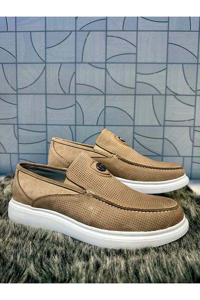 Anıl Ayakkabı Brn 651 Men's Sand Beige Nubuck Genuine Leather Buckle Print Detail Comford Daily Orthopedic Loafer Shoes