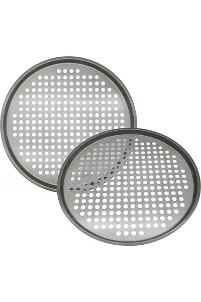 Maxi Nature Set de 2 tăvi de pizza perforate Maxi Nature, aluminiu, negre, rotunde, 33,02 x 2,54 cm