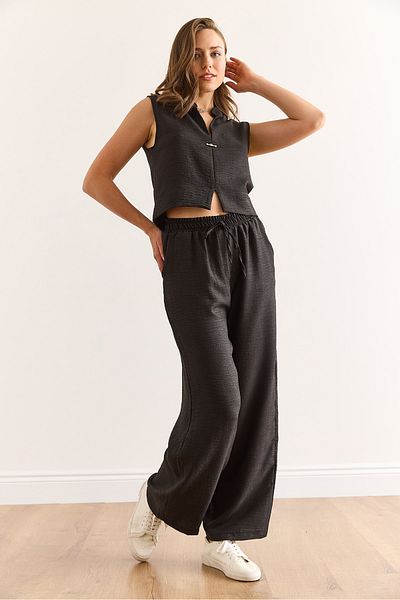 Olalook Women's Black Bottom Top Linen Look Suit Tkm-19000395