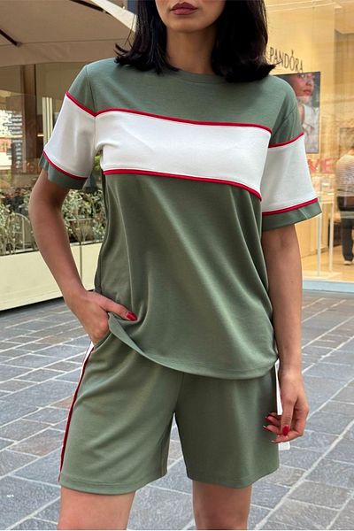 Ded COLLECTION Women's Short Sleeve Crew Neck Piping Detailed Tshirt Shorts Modal Fabric Set