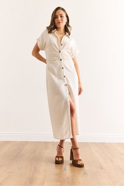 Olalook Women's Stone Waist Gathered Bat Linen Content Shirt Dress Elb-19002436