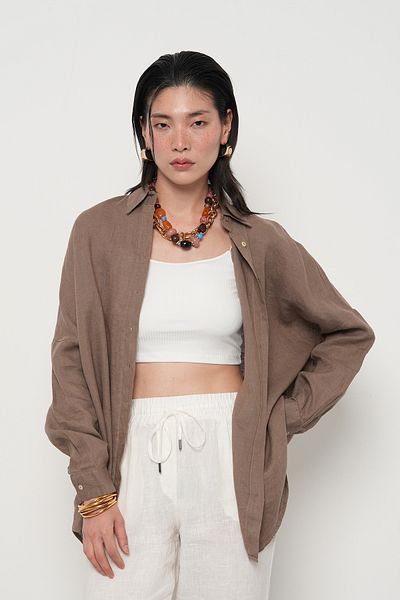 Orfeo Negro Women's 100% Linen Bat Sleeve Straight Oversize Shirt