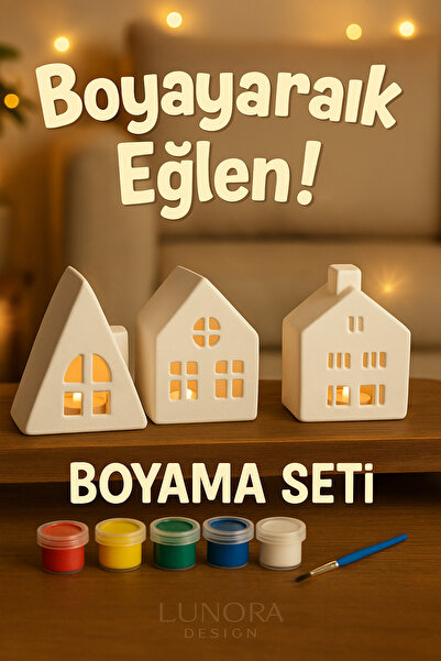 Lunora Design Çocuklar İçin Boyanabilir Ev Seti – Taş Tozu Figürler, 6 Renk Boya ve Fırça