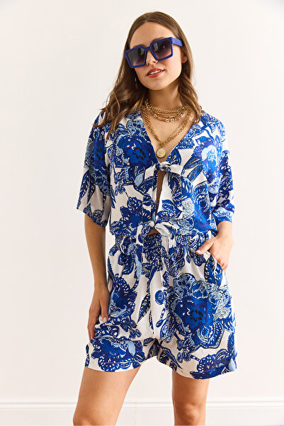 Olalook Women's Shawl Navy Blue Top Blouse Bottom Pocket Shorts Woven Viscose Suit Tkm-19000393