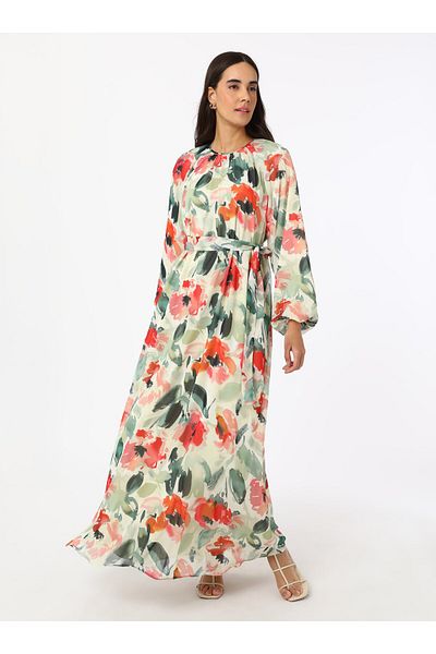 Refka Balloon Sleeve Floral Patterned Chiffon Hijab Dress - Orange - Refka
