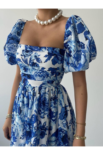 Auralis Studio Mavi Beyaz Çiçek Desenli Kare Yaka Karpuz Kol Midi Elbise