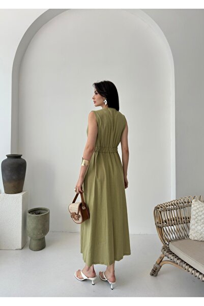Serica Moda Green Double Breasted Cutout Sleeveless Long Linen Dress