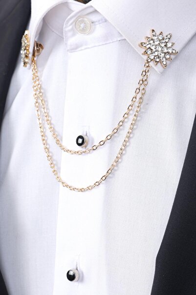 Esgue Gold Renk Beyaz Taşlı Zincirli Gömlek Yaka Broşu