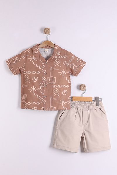 Pollito Boy's Symbol Pattern Linen Shirt Cotton Shorts 2-Piece Set