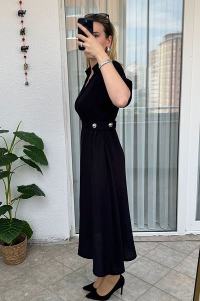 KUBOS MODA Adjustable Waist Double Breasted Collar Short Sleeve Black Dress