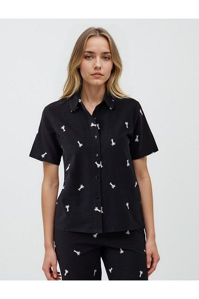 Jimmy Key Cămașă neagră 100% bumbac cu mânecă scurtă cu model