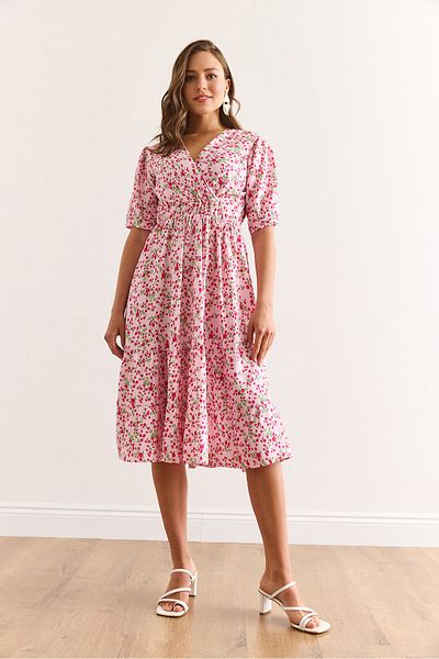 Olalook Women's Pink Elastic Waist Double Breasted Collar Woven Viscose Dress Elb-19002440