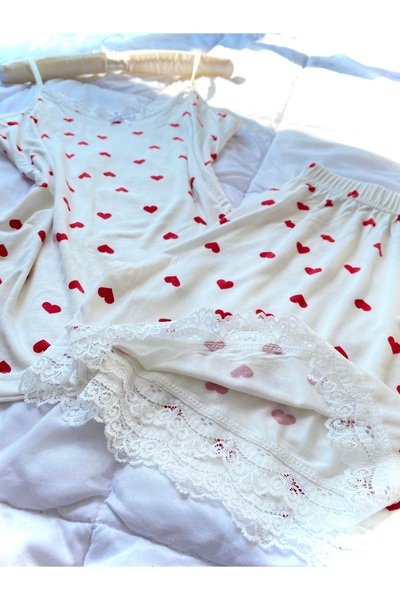 MAYA LİNGERİE Women's Heart Patterned Shorts Suspender Suit Summer and Home Wear Pajamas